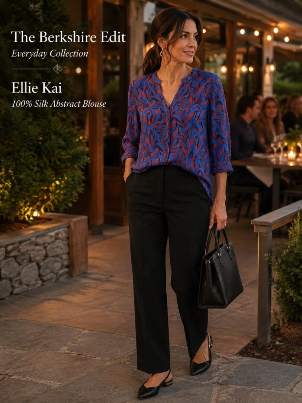 Ellie Kai 100% Silk Abstract Print V Neck Blouse Blue Red Size 0